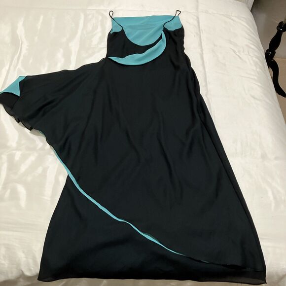 Thea Dora Black Teal Formal Cocktail Evening Prom HoCo Maxi Wrap Dress Sz L Y2K - Picture 10 of 12